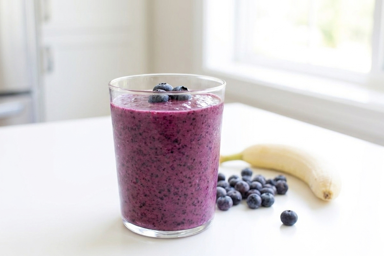 A freshly poured blueberry smoothie in a clear glass on a kitchen counter with a few blueberries nearby