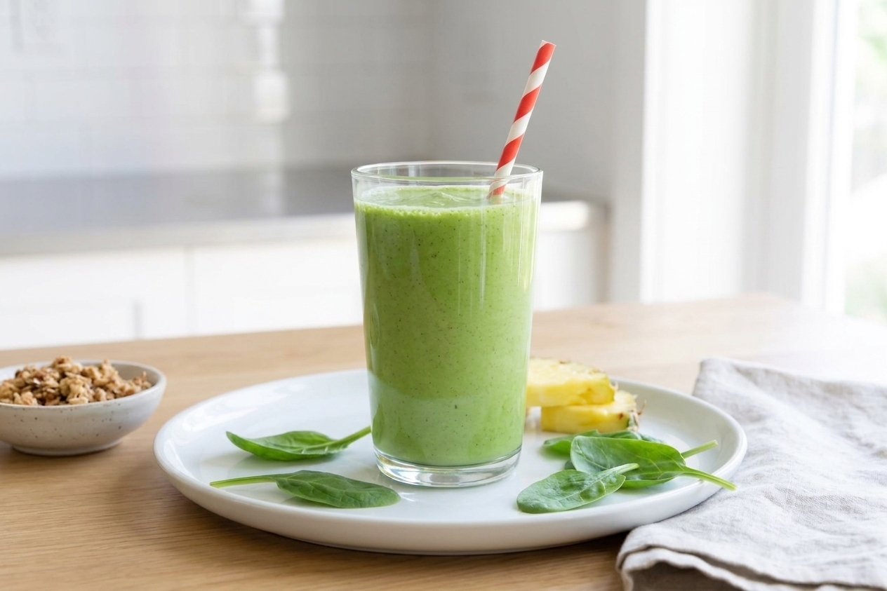 A freshly poured spinach smoothie in a clear glass with a straw on a simple breakfast table setting
