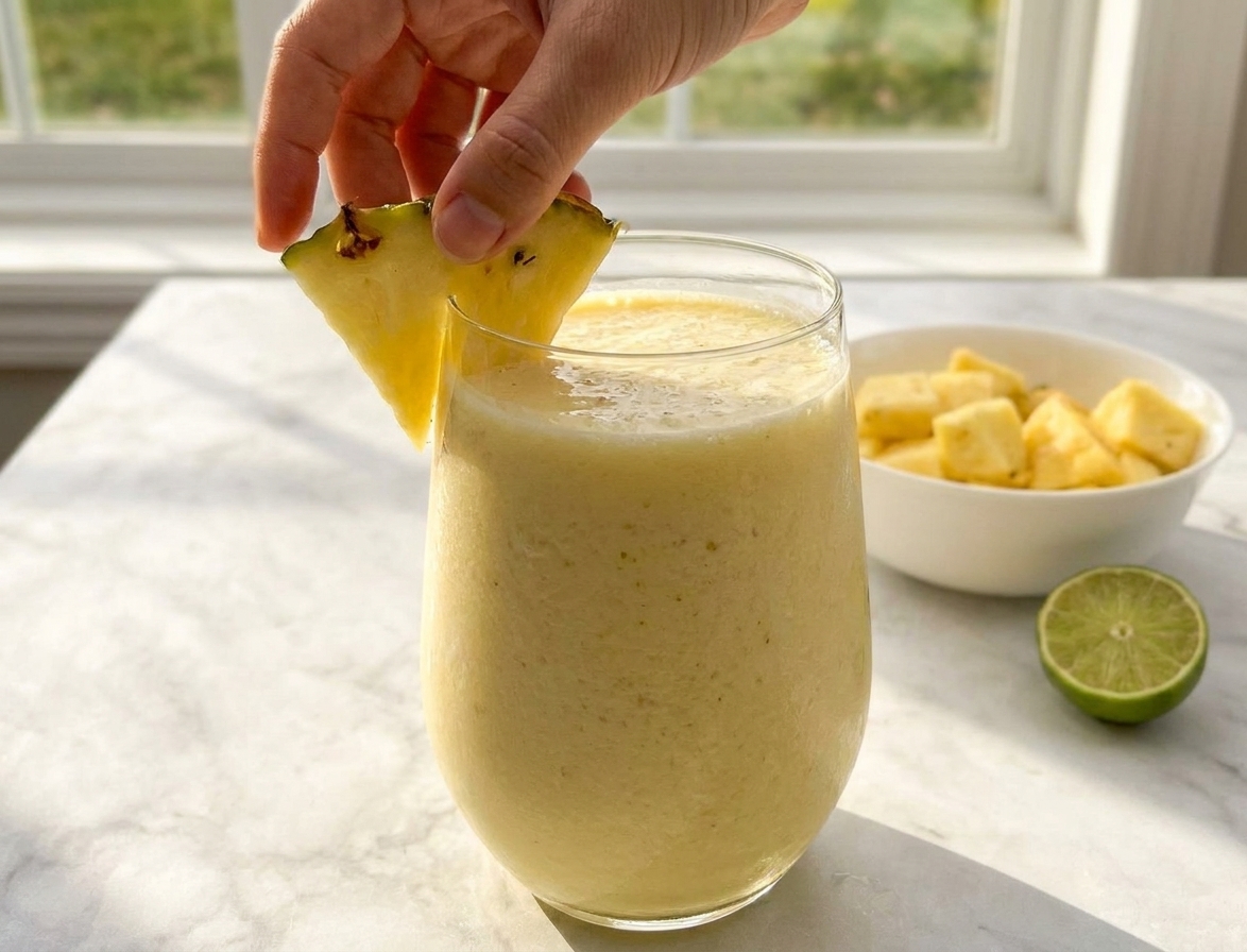 A freshly poured virgin pina colada in a tall glass being garnished with a pineapple wedge on a sunny kitchen counter