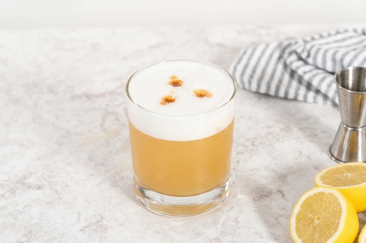 A freshly poured whiskey sour with a thick foamy top and a few drops of bitters on the surface in a rocks glass