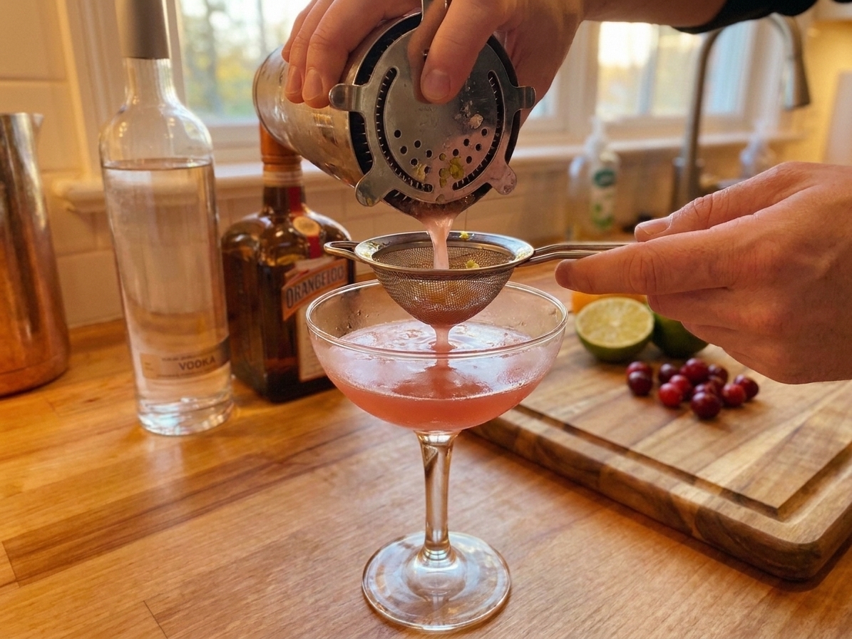 A freshly shaken Cosmopolitan being strained through a metal cocktail strainer into a chilled martini glass on a home kitchen counter