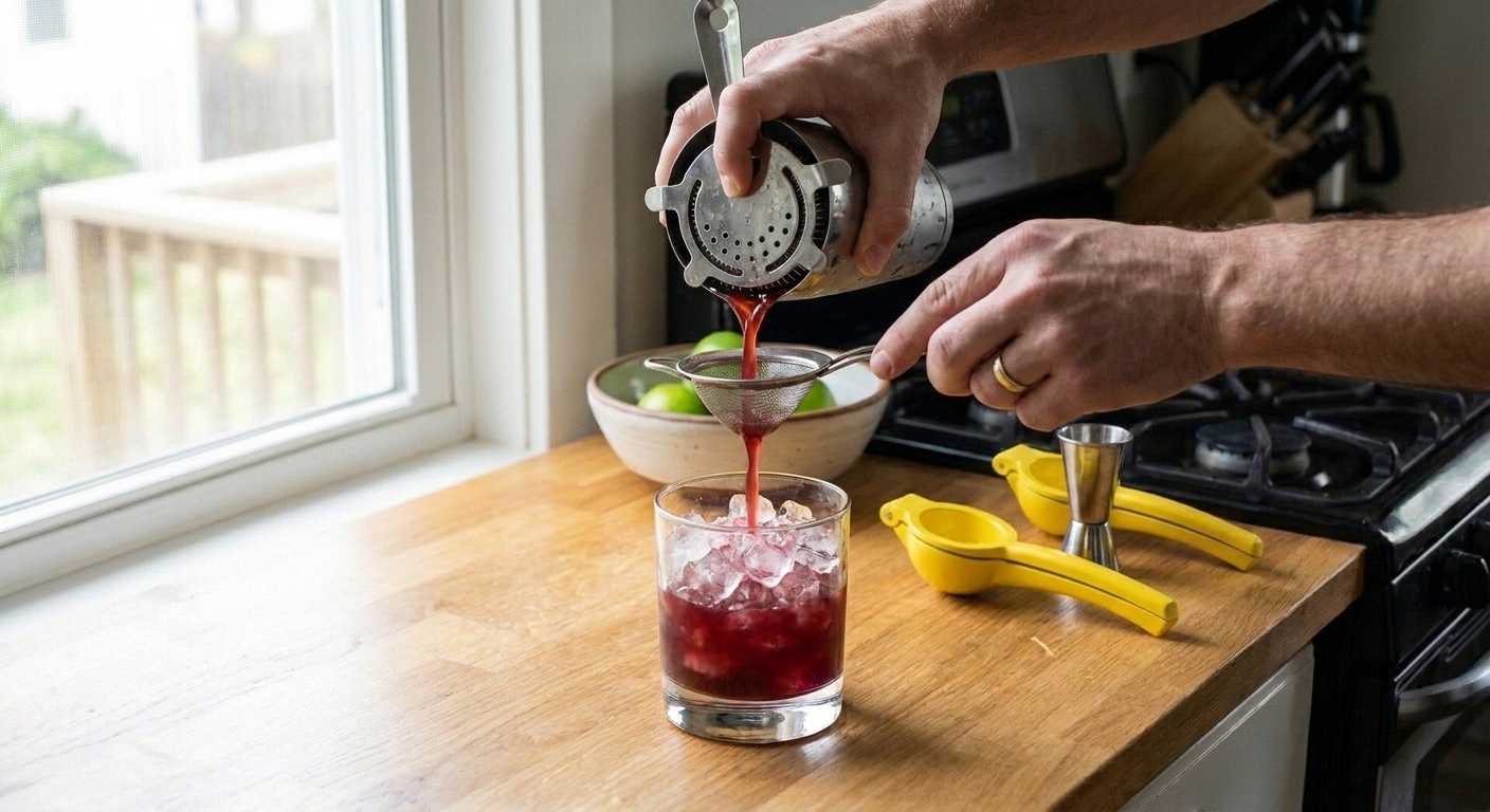 A freshly shaken Rum Runner being strained from a cocktail shaker into a rocks glass filled with crushed ice