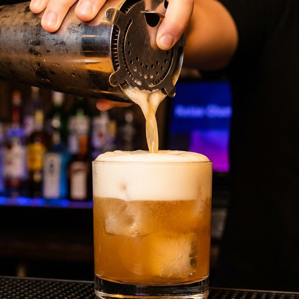 A freshly shaken amaretto sour being strained into a rocks glass, showing thick foam forming on top