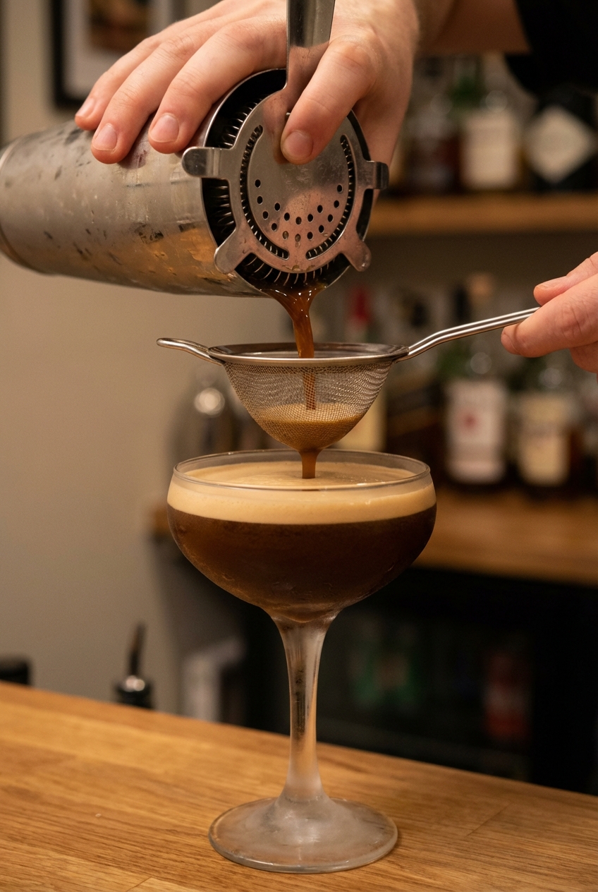 A freshly shaken espresso martini being strained into a chilled coupe glass with a thick foam forming on top