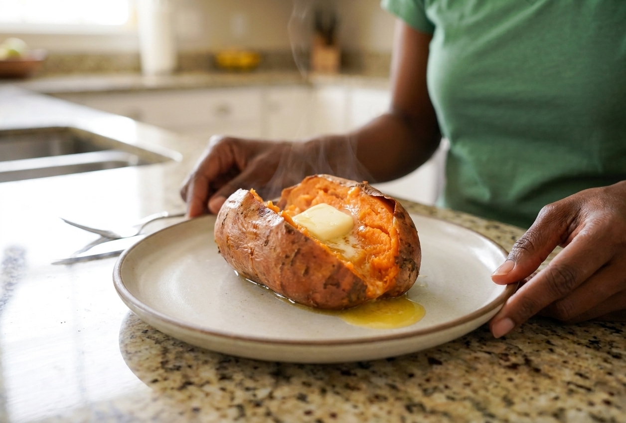 A freshly split sweet potato with butter melting into the fluffy center on a simple dinner plate