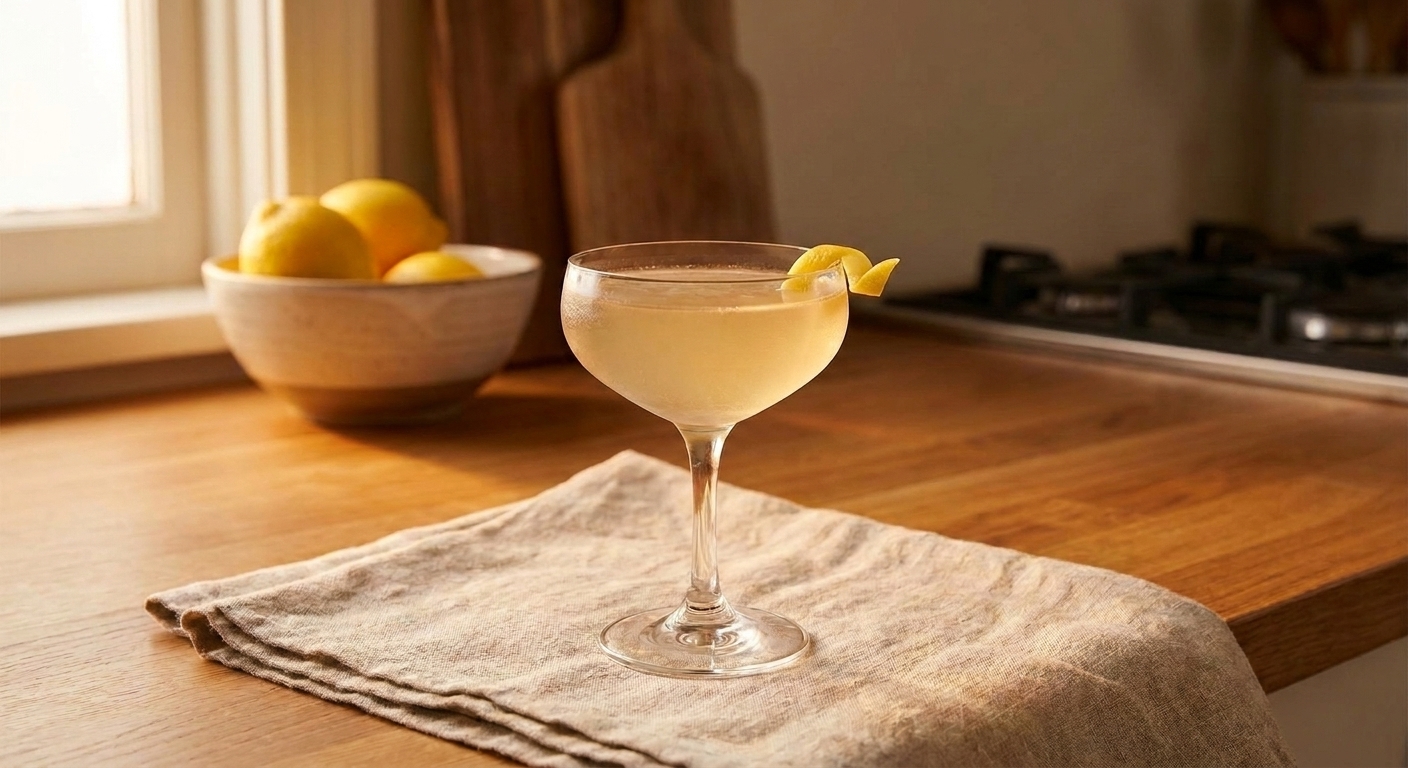 A freshly strained Bee’s Knees cocktail in a coupe glass with a lemon twist, set on a simple table setting
