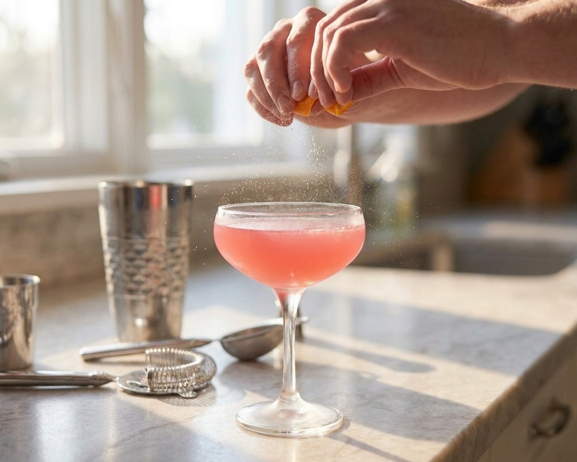 A freshly strained Cosmopolitan in a coupe glass as an orange peel twist is held above the drink, releasing citrus oils