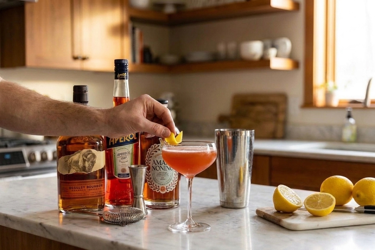 A freshly strained Paper Plane cocktail in a coupe glass as a garnish is added at the rim
