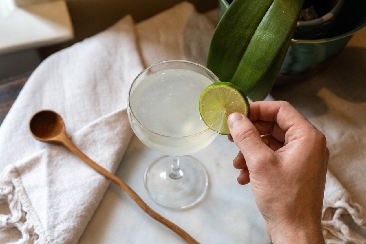A freshly strained vodka gimlet in a coupe glass being garnished with a lime wheel on a neutral kitchen counter