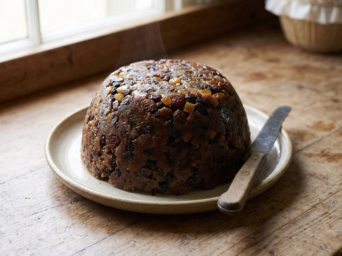 A freshly unmolded steamed plum pudding on a serving plate with a knife nearby, showing its dark, fruit-studded surface