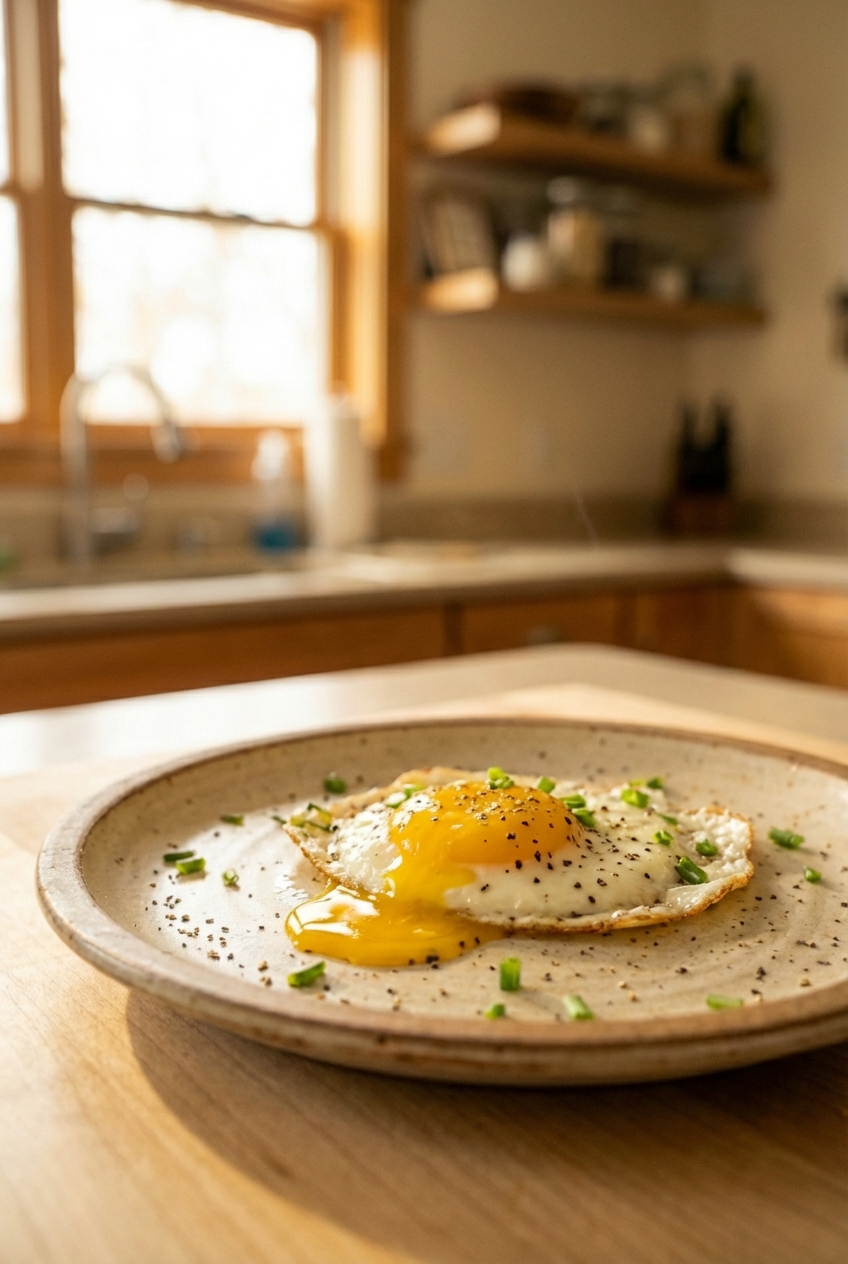 A fried egg with a runny yolk on a plate