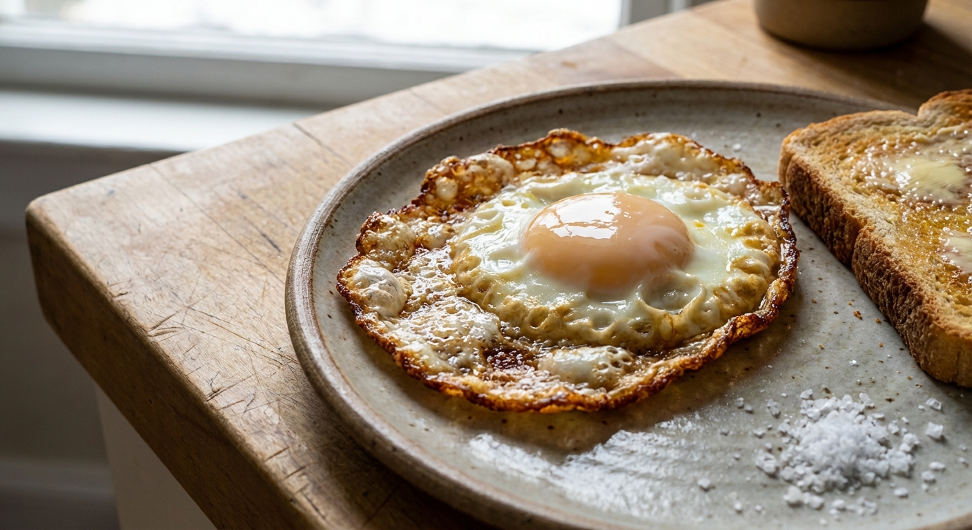 A fried egg with crispy edges on a plate
