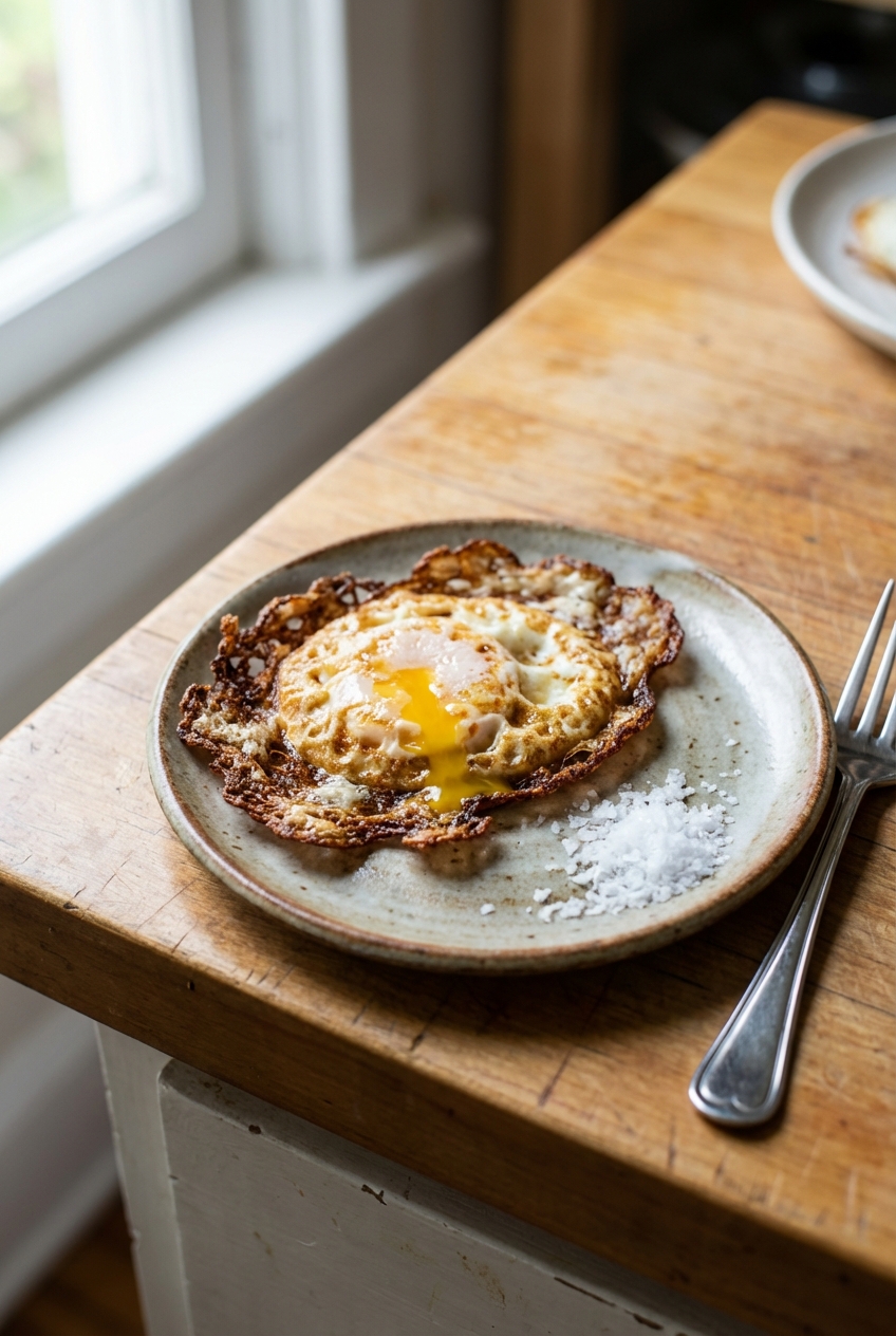 A fried egg with crispy edges on a small plate next to flaky salt