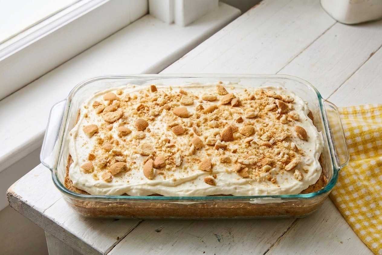 A frosted banana pudding sheet cake in a baking pan topped with an even layer of crushed Nilla wafers on a warm kitchen counter