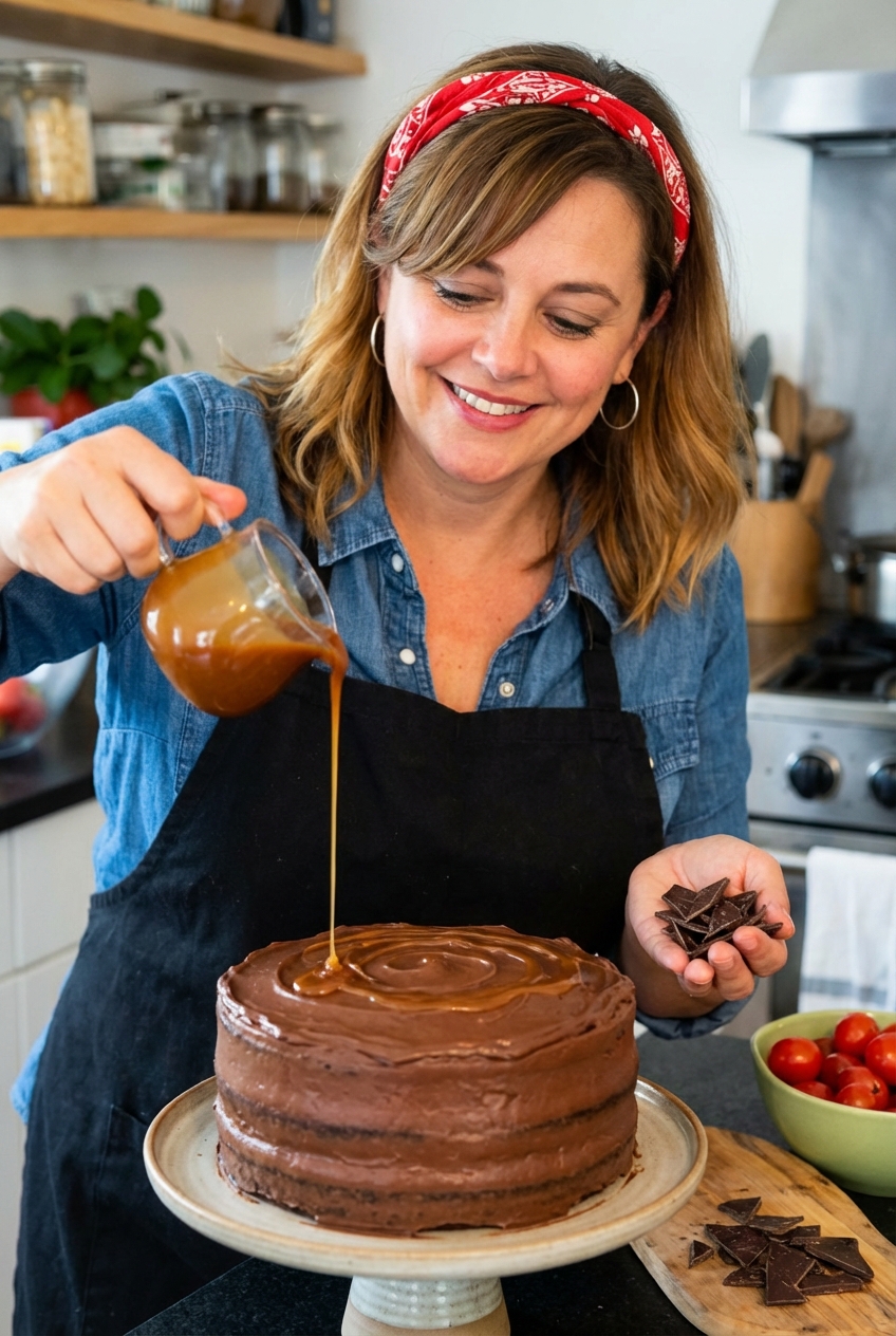A frosted chocolate layer cake being finished with a caramel drizzle and chocolate shards