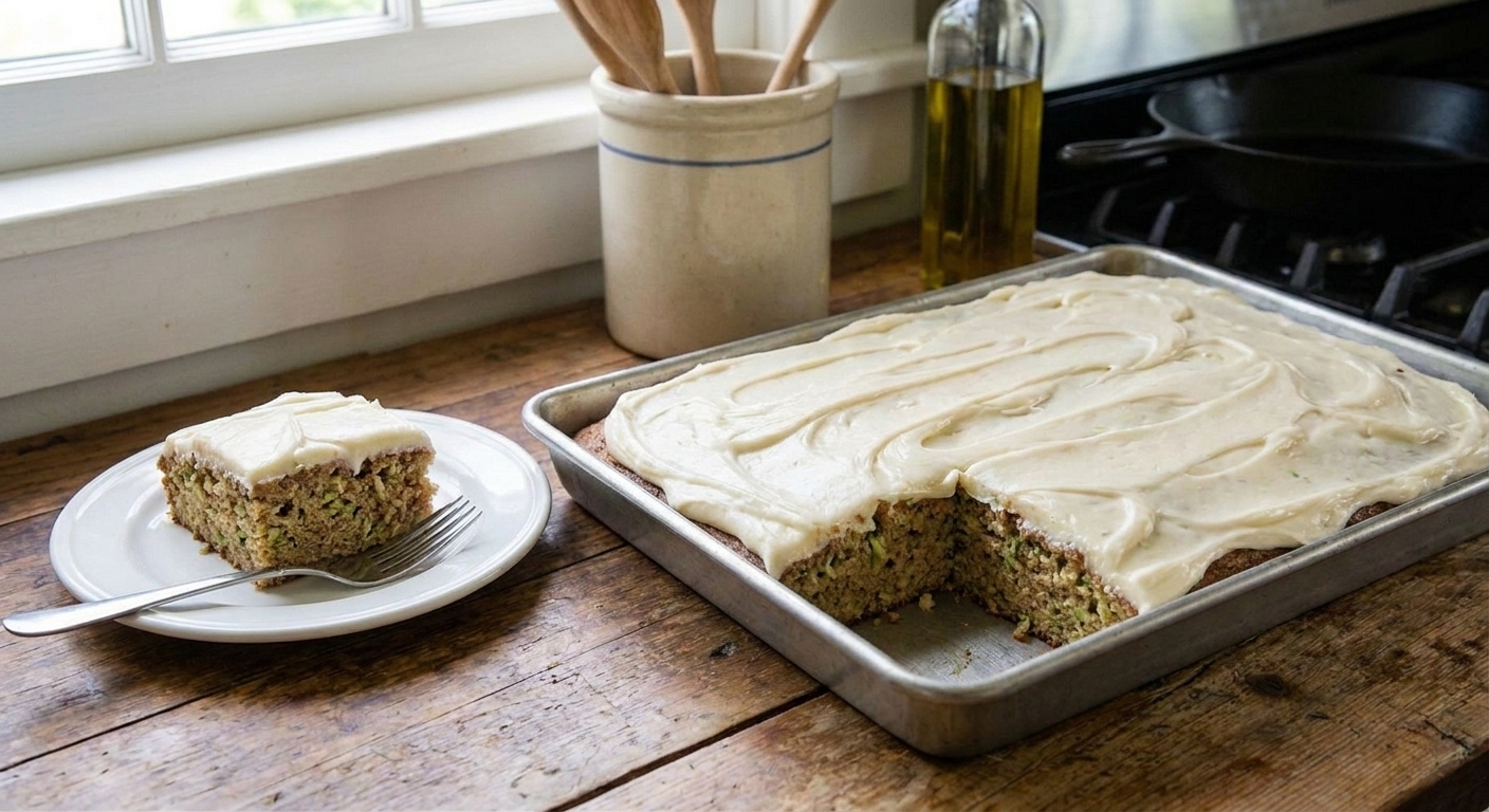 A frosted cinnamon zucchini sheet cake in a metal baking pan on a light kitchen counter, with a slice removed showing the moist crumb