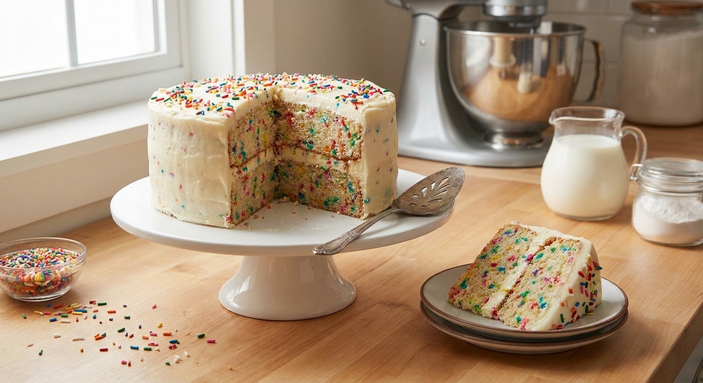 A frosted homemade funfetti layer cake on a white cake stand with a slice cut out, rainbow sprinkles visible in the crumb, warm kitchen table setting