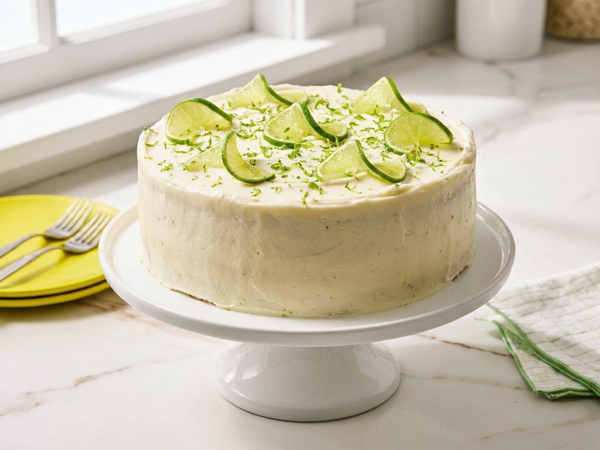A frosted key lime layer cake on a white cake stand, topped with lime zest and thin lime slices on a bright kitchen counter