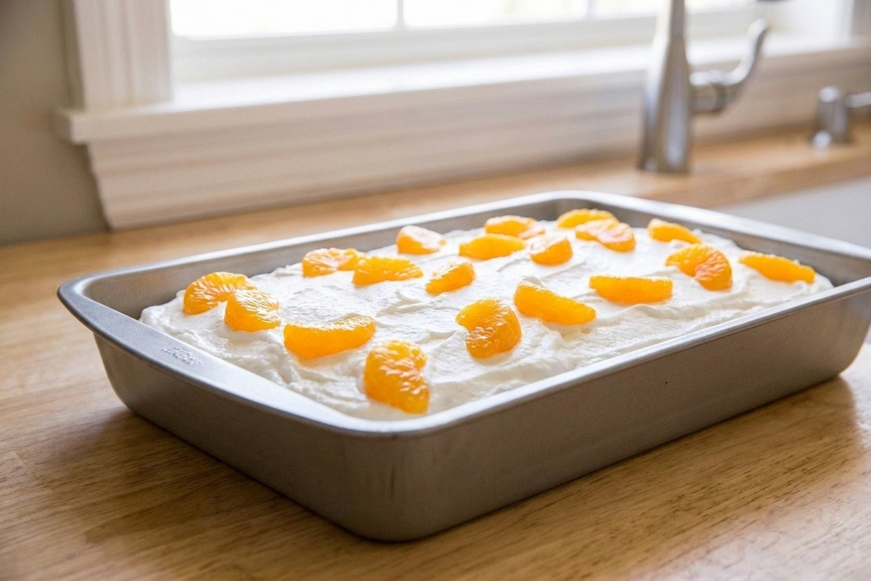 A frosted pig pickin cake in a 9x13 pan with fluffy topping and visible mandarin orange pieces, resting on a kitchen counter