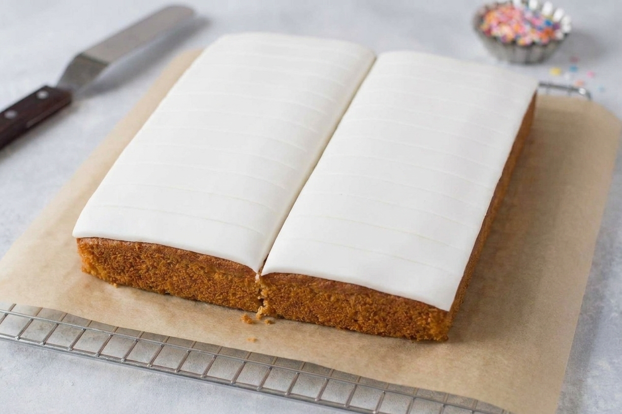 A frosted rectangular cake topped with white fondant cut into two page panels with a center crease and subtle scored page lines