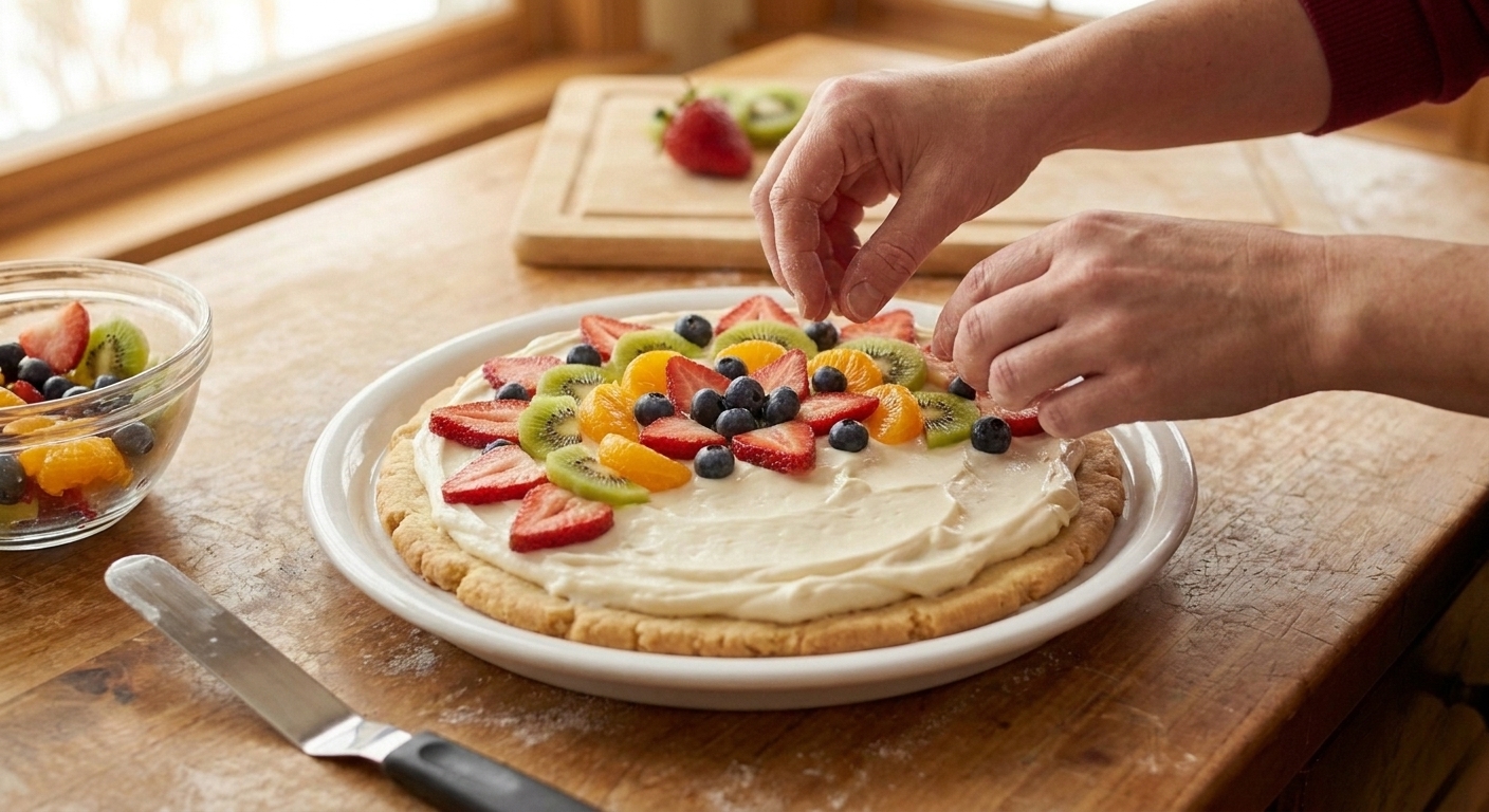 A frosted sugar cookie crust being topped with strawberries, blueberries, kiwi, and mandarin oranges in a home kitchen