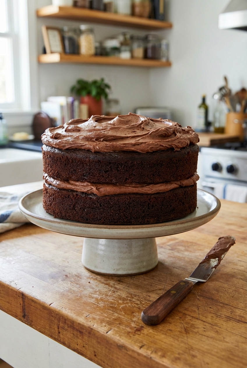A frosted two layer chocolate cake on a cake stand with a small offset spatula nearby on a wooden counter