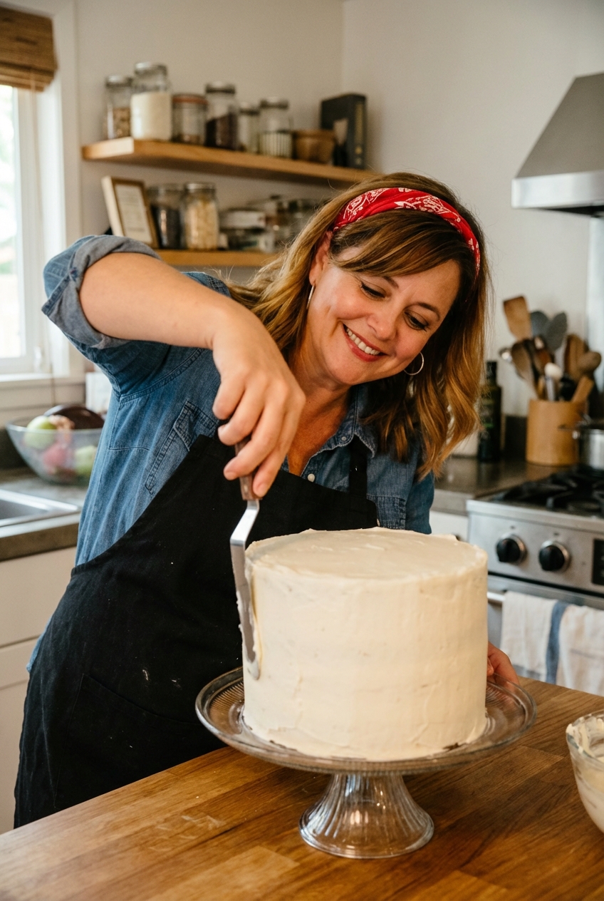 A frosted vanilla layer cake being smoothed on the sides with an offset spatula on a cake stand