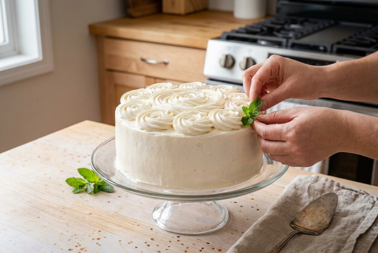 A frosted vanilla layer cake covered in smooth whipped cream frosting with clean swirls on top, sitting on a cake stand on a kitchen table