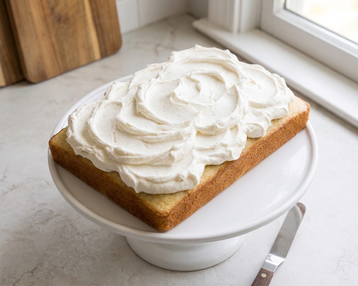 A frosted vanilla sheet cake topped with tall swirls of whipped frosting on a white cake stand on a bright kitchen counter
