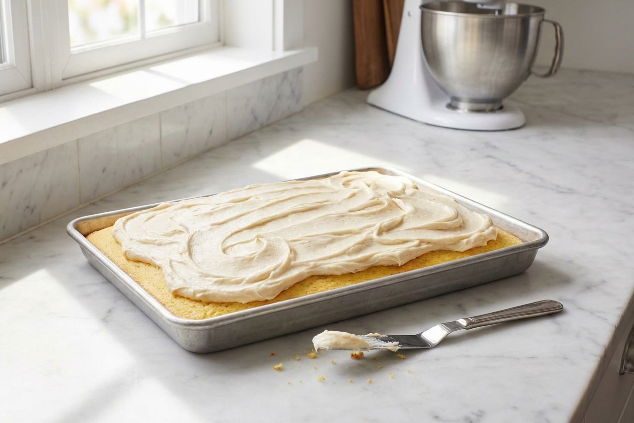 A frosted yellow sheet cake in a metal pan on a bright kitchen counter, with swirls of vanilla buttercream and a few crumbs on a small offset spatula nearby