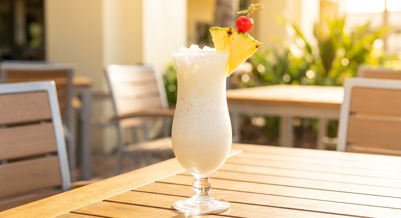 A frosty classic piña colada in a hurricane glass with pineapple wedge and maraschino cherry on a sunlit table