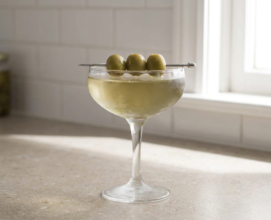 A frosty extra dirty martini in a chilled coupe glass with three green olives on a cocktail pick, set on a stone-colored kitchen counter with soft window light