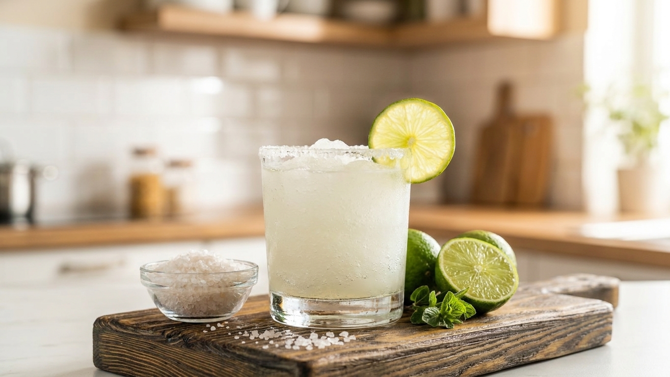 A frosty frozen margarita in a salt-rimmed rocks glass with a lime wheel on the rim, set on a bright kitchen counter with soft natural light