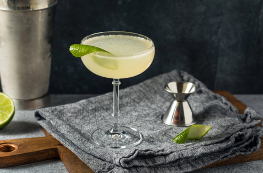 A frosty gin gimlet in a chilled coupe glass with a thin lime wheel on the rim, sitting on a light stone countertop with soft kitchen window light