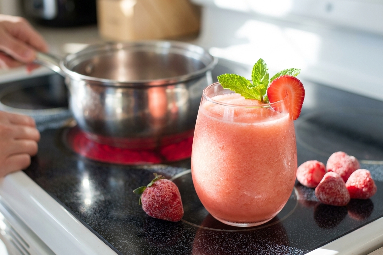 A frosty pink strawberry frosé in a stemless wine glass on a sunlit kitchen counter with a few frozen strawberries nearby