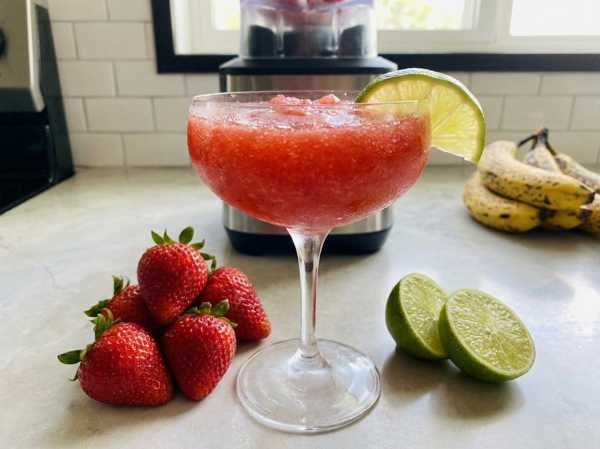 A frosty strawberry daiquiri in a chilled coupe glass on a light kitchen counter with a lime wedge and a few whole strawberries nearby, natural window light