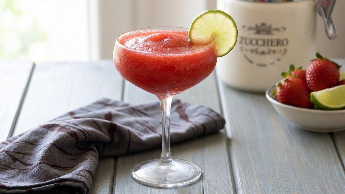 A frosty strawberry daiquiri in a chilled coupe glass with a lime wheel on the rim, sitting on a bright kitchen counter with soft natural light