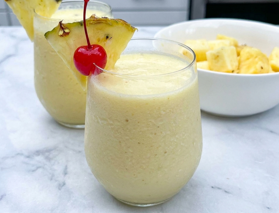 A frosty virgin piña colada in a clear glass on a bright kitchen counter, garnished with a pineapple wedge and a maraschino cherry, with condensation on the glass