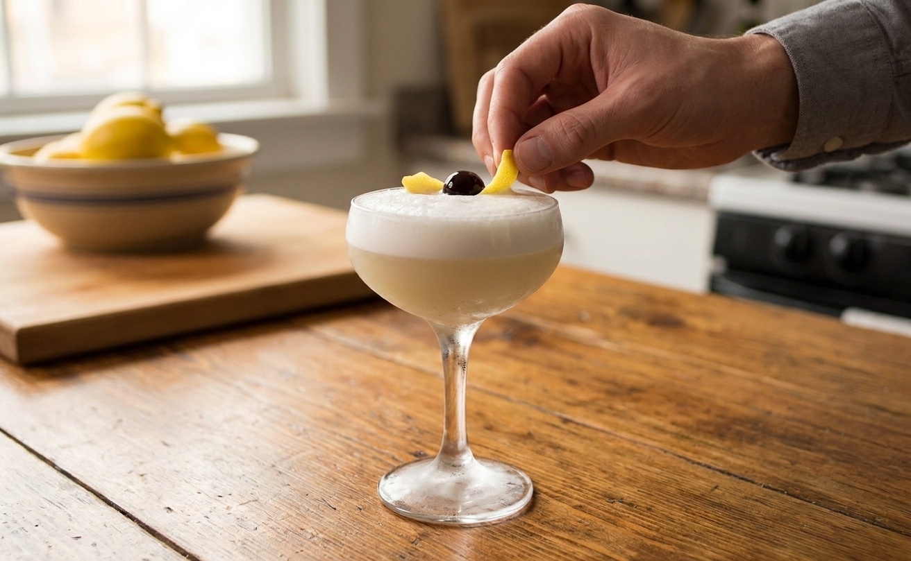 A frothy amaretto sour in a chilled coupe glass on a warm wood table, topped with a lemon twist and a cocktail cherry, soft natural kitchen light