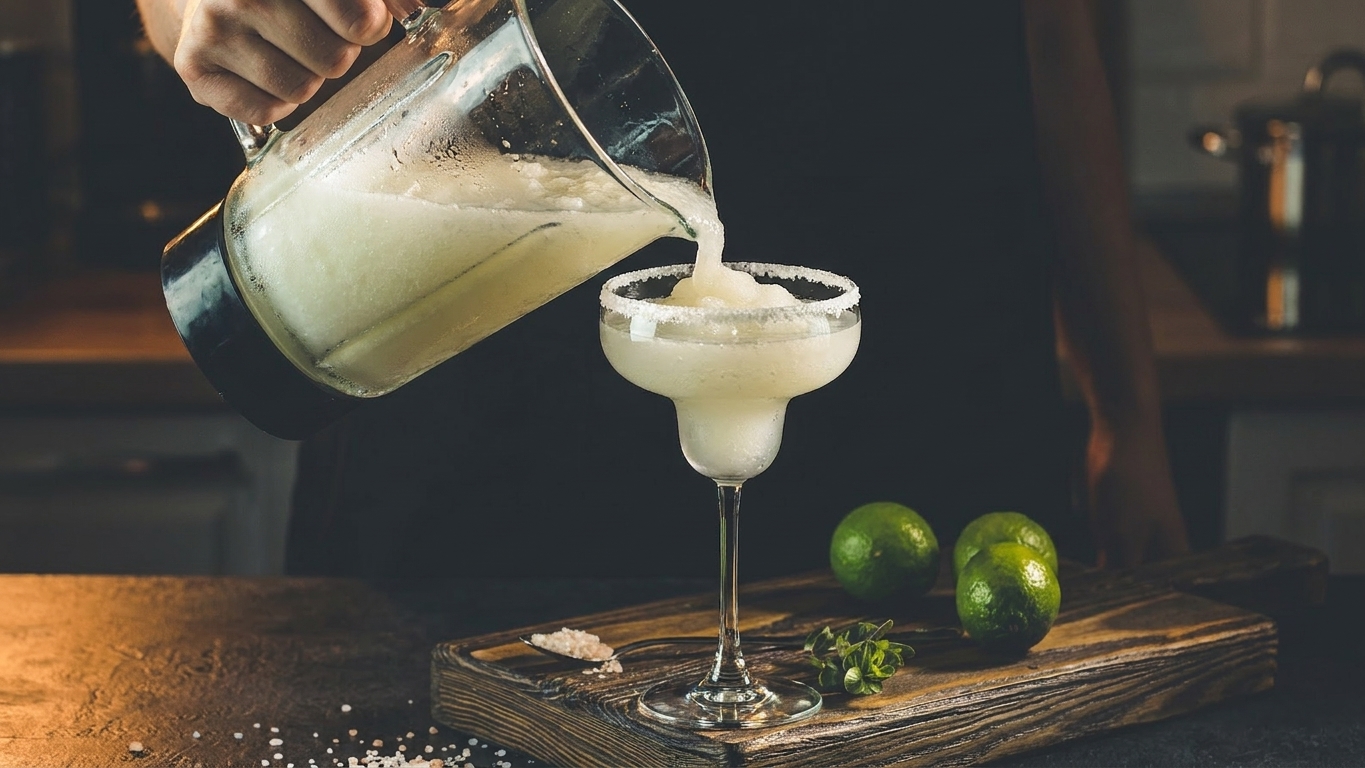 A frozen margarita being poured from a blender pitcher into a salt-rimmed glass on a clean kitchen counter