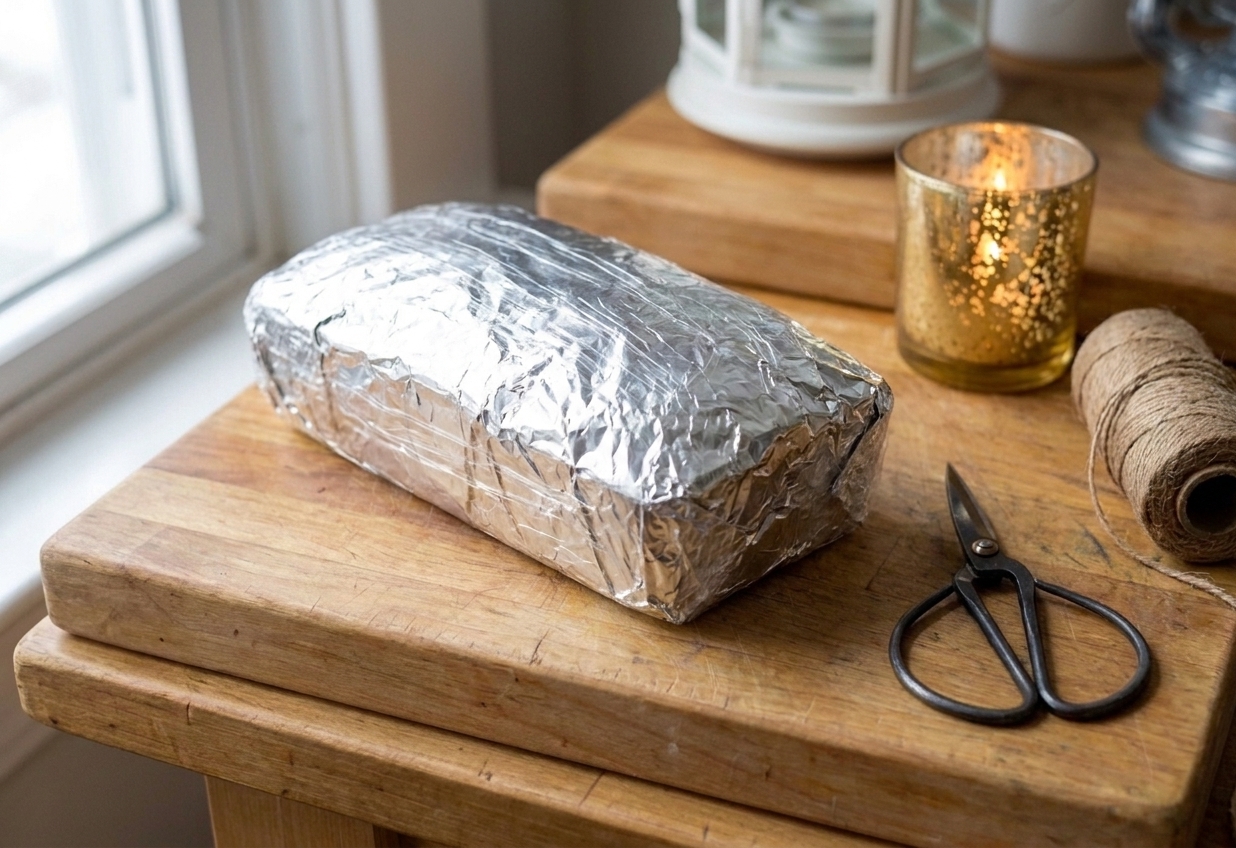 A fruit cake loaf tightly wrapped in plastic wrap and foil on a kitchen counter, ready for storing or freezing
