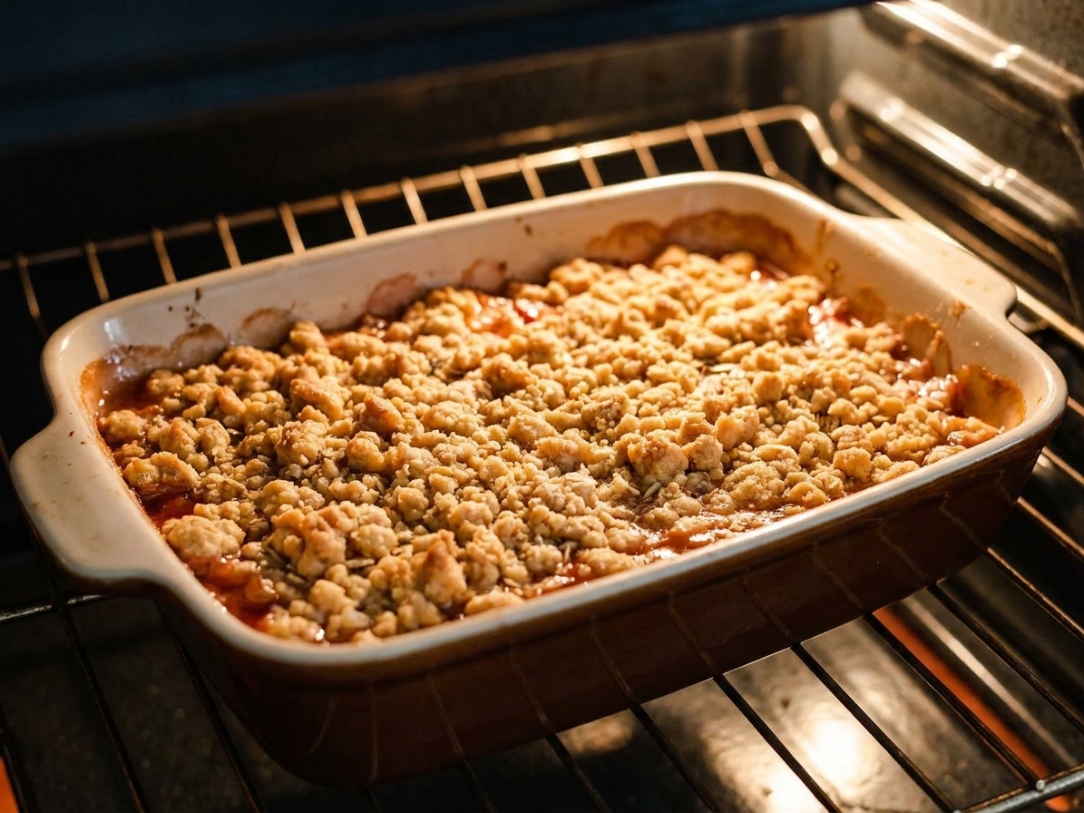 A fruit crisp in a rectangular baking dish in the oven with the crumble topping turning golden brown and bubbling at the edges