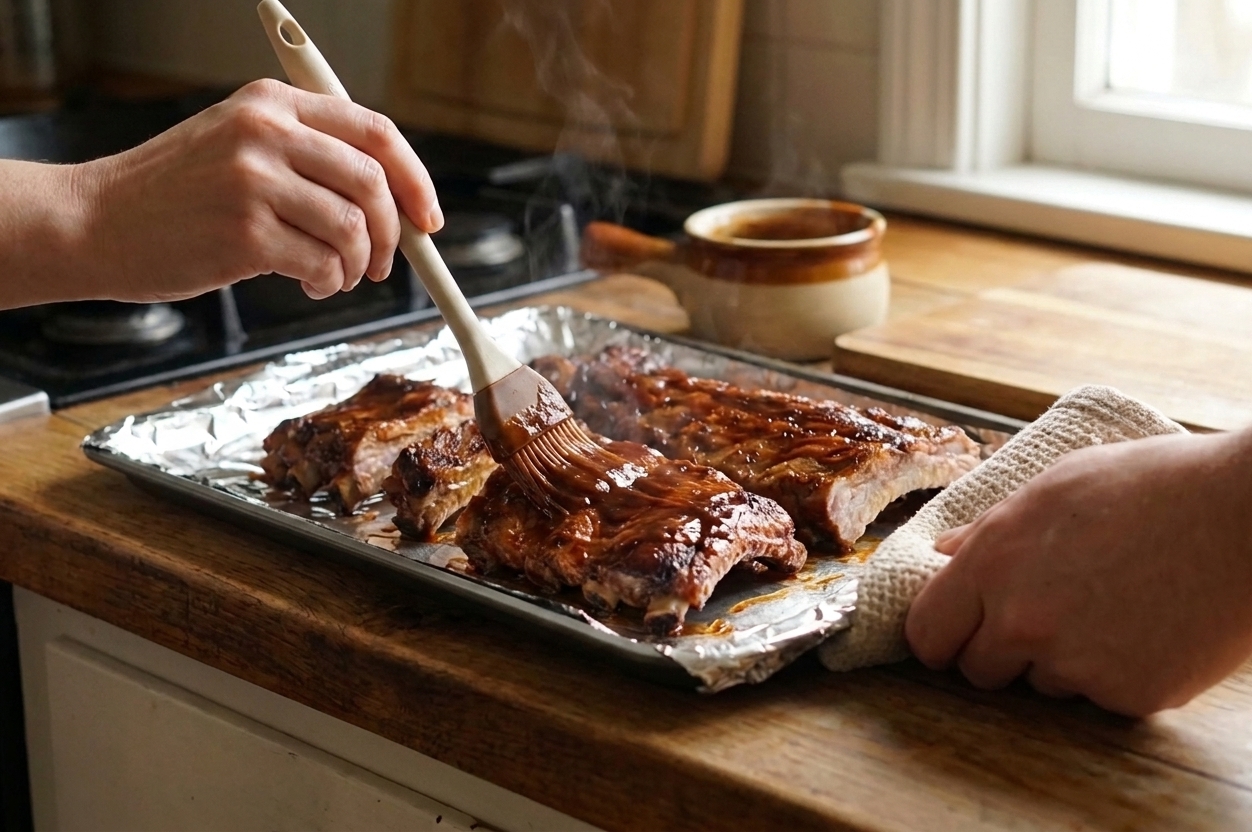 A full rack of oven-baked pork ribs on a sheet pan, glazed with glossy barbecue sauce and lightly charred at the edges, set on a warm kitchen counter with soft natural light