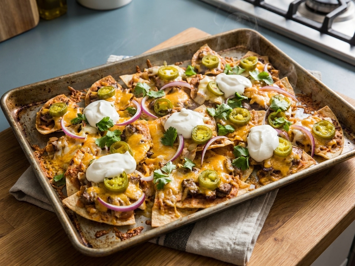 A full sheet pan of nachos with bubbling melted cheese, browned chip edges, scattered jalapeños, and dollops of sour cream on a warm kitchen counter