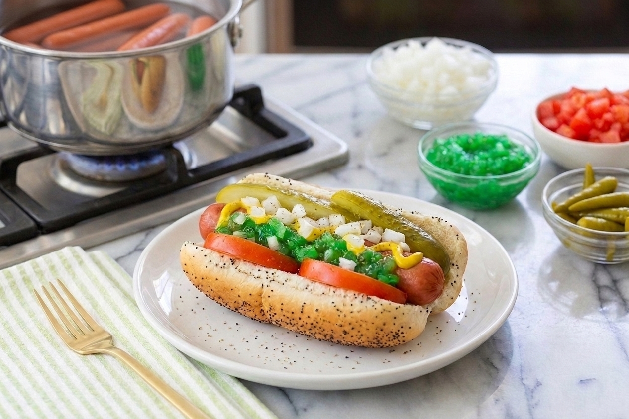 A fully assembled Chicago-style hot dog showing mustard, green relish, onion, tomato wedges, pickle spear, sport peppers, and celery salt on a poppy seed bun