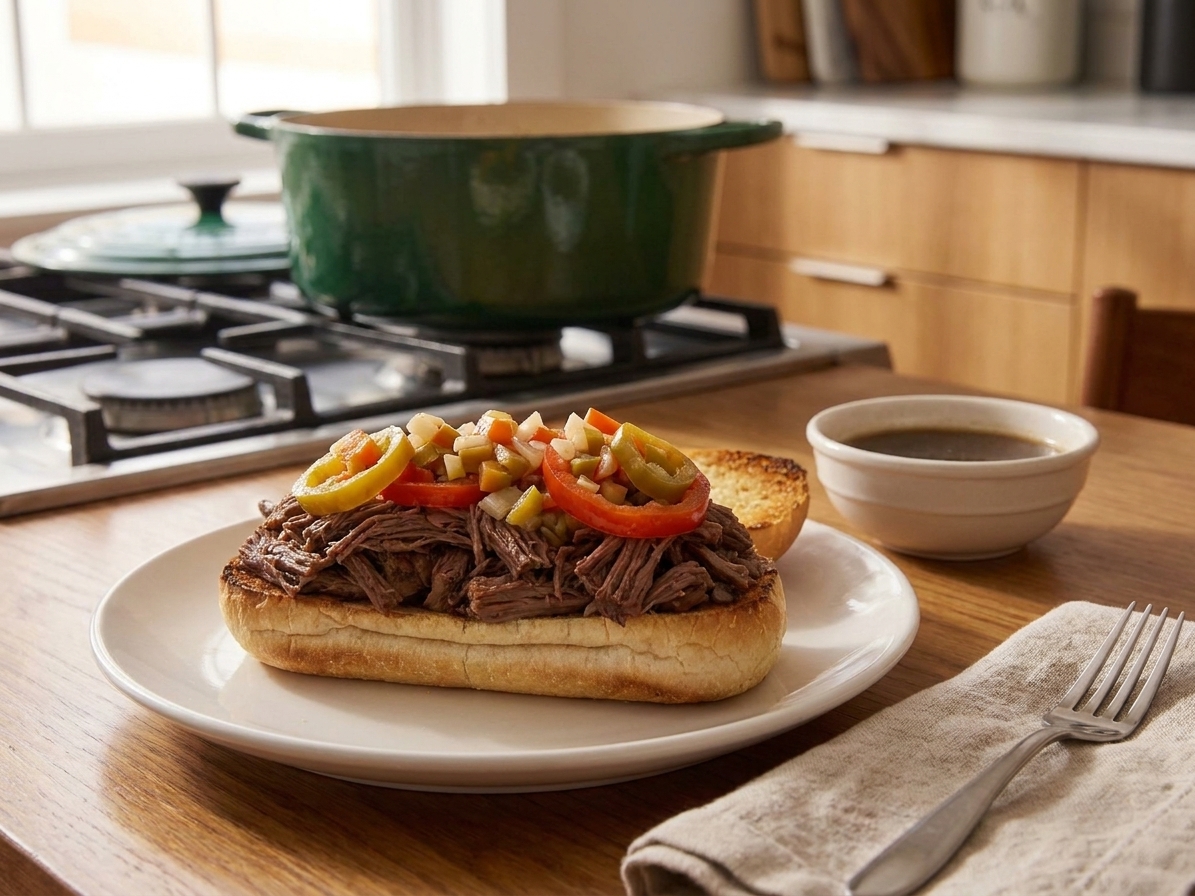 A fully assembled Italian beef sandwich on a toasted hoagie roll, piled with juicy shredded beef, topped with sliced sweet peppers and giardiniera, with a small bowl of jus on the side on a cozy kitchen table