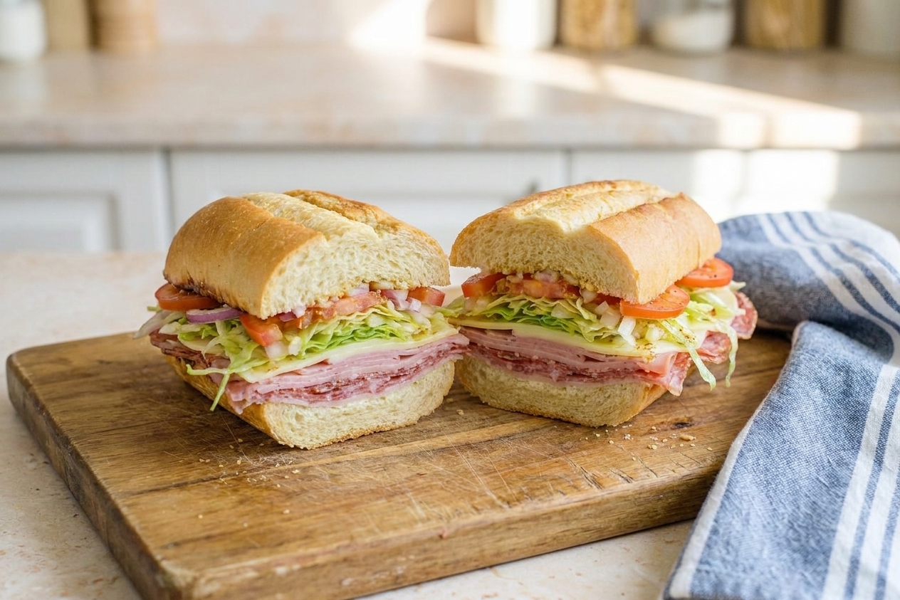 A fully assembled Italian sub on a wooden cutting board, sliced in half with visible layers of provolone, salami, ham, lettuce, tomatoes, and onions, warm kitchen lighting