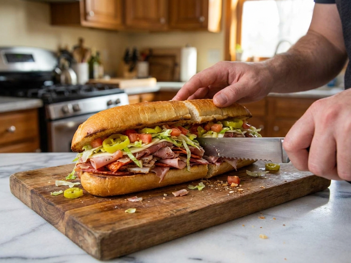 A fully assembled chopped Italian sandwich on a wooden cutting board, toasted hoagie roll filled with chopped deli meats, provolone, shredded lettuce, tomatoes, and pepperoncini in a cozy kitchen setting