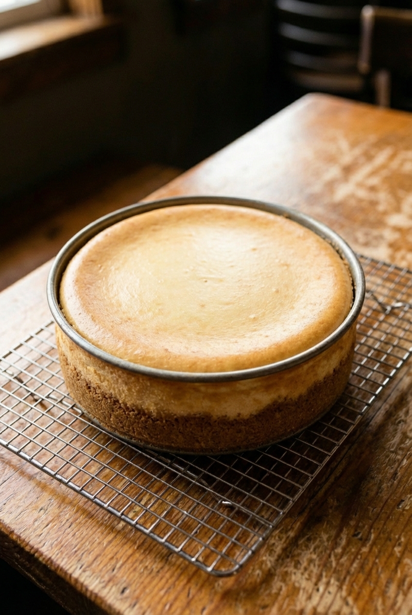 A fully baked New York cheesecake cooling on a wire rack with a smooth top and golden graham crust