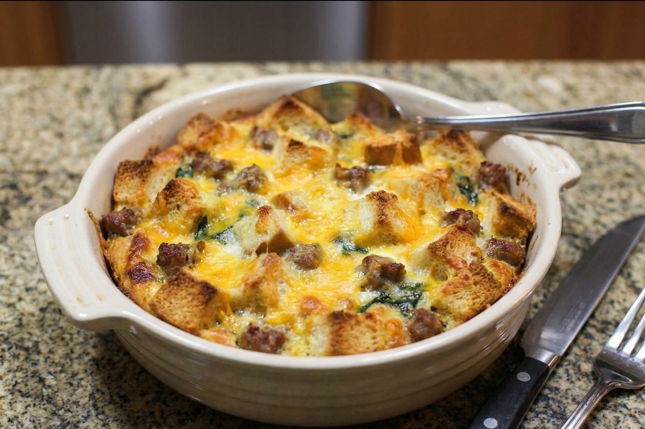 A fully baked breakfast strata in a ceramic casserole dish with a golden top and melted cheese